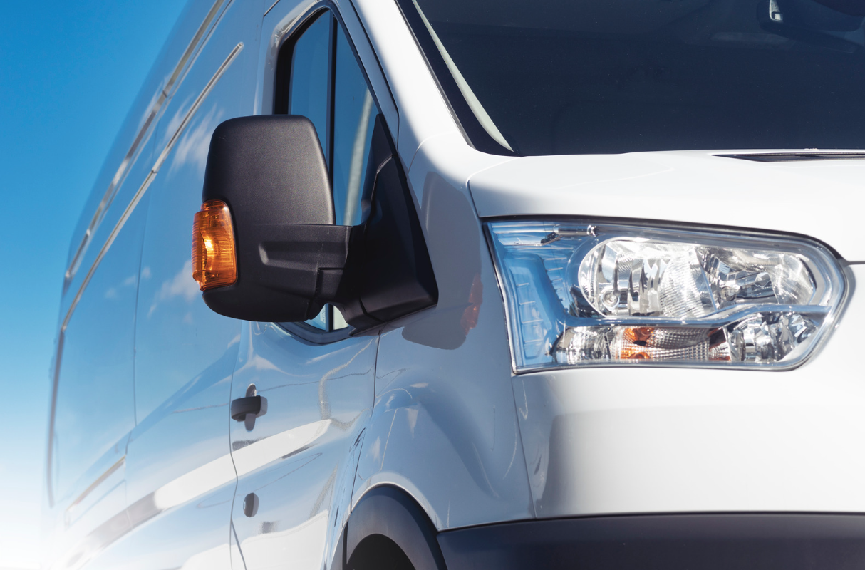 Front view of a new white van